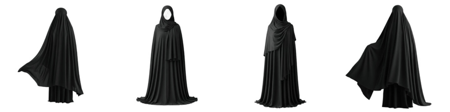 Traditional Black Iranian Chador Set, Modest Islamic Full Body Hijab, Persian Women Religious Prayer Garment, Elegant Flowing Fabric, Isolated PNG, Cultural Middle Eastern Clothing