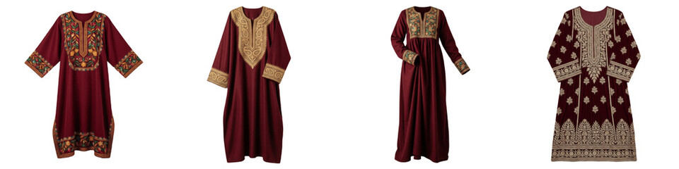 Traditional Maroon Abaya Collection, Embroidered Arabic Kaftan Set, Luxury Velvet Farasha Dresses, Ethnic Islamic Long Gowns, Isolated PNG, Middle Eastern Fashion