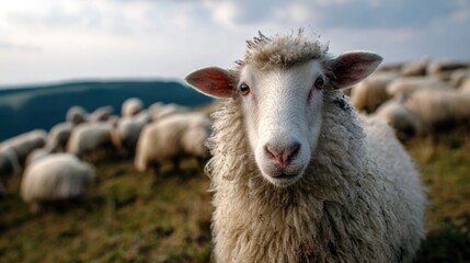Obraz premium Close-up of a fluffy sheep's face in a grassy field with a flock in the background