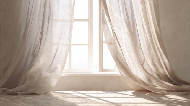 hyperrealistic photograph of light linen curtain gently moving in breeze near open window, soft natural light, minimal interior, peaceful acceptance