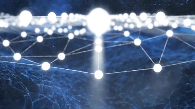 Connected network with shining nodes on blue data landscape background showcasing connectivity,global communication,blockchain,data transmission and science technology concepts