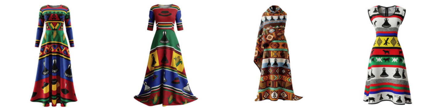 Traditional African Ndebele Dress Collection, Vibrant Geometric Beadwork Gowns, Cultural South African Heritage Apparel, Isolated White Background PNG Images
