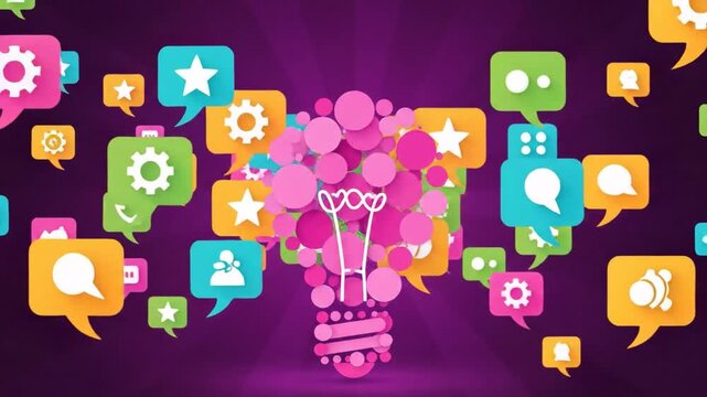 Creative idea generation visualization with colorful speech bubbles forming a lightbulb shape on purple background depicting communication and conceptual innovation