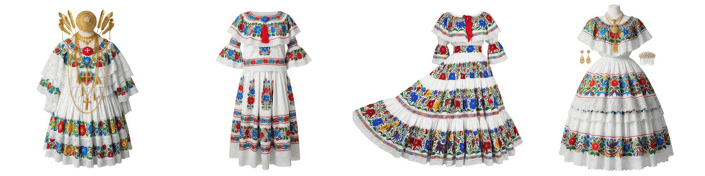 Traditional Panamanian Pollera Dress Collection, Elegant Embroidered White Gowns, Cultural Folklore Festive Attire, Luxury National Costume, Isolated White Background PNG