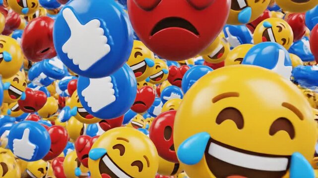 Crowd of colorful animated emoji faces with thumbs up,sad,and laughing faces conveying social media reactions and digital communication