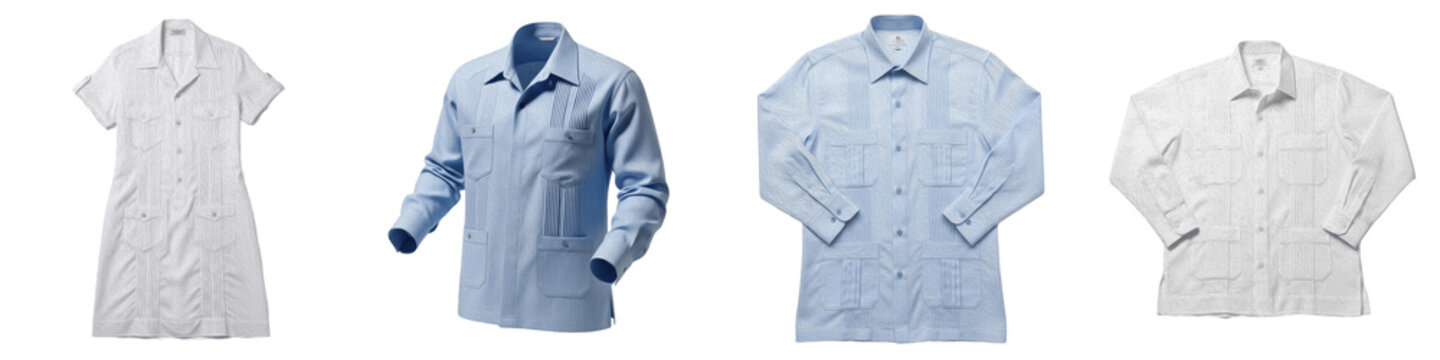 Classic Men's Guayabera Shirt Collection, Traditional Latin American Linen Button Up, Casual Formal Summer Apparel, Long and Short Sleeve White and Blue Fashion, PNG Image