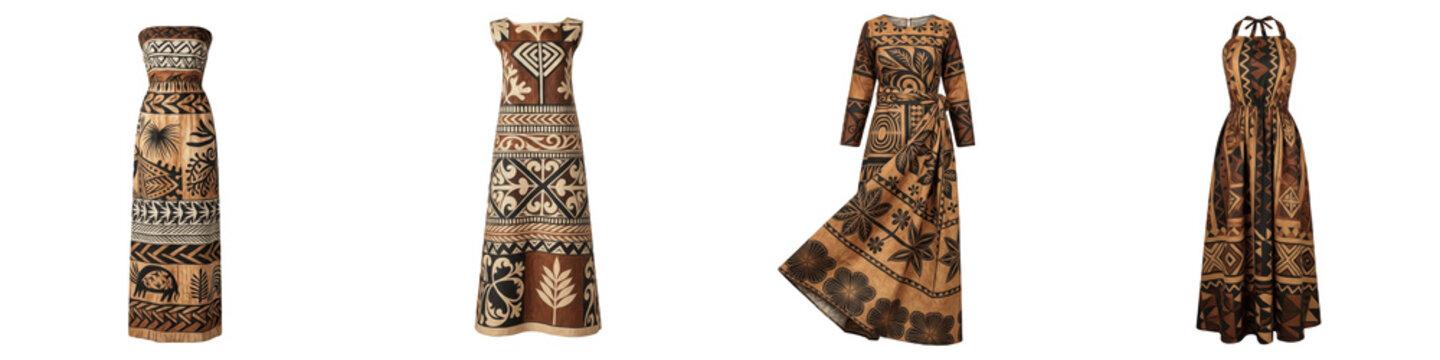 Traditional Polynesian Tapa Cloth Fashion Collection, Authentic Bark Cloth Barkcloth Patterned Dresses, Tribal Geometric Design Apparel, PNG Isolated On White Background Image