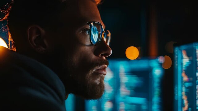 Closeup bearded developer concentrating on programming, illuminated by multiple monitors displaying code. Nighttime workspace highlights dedication to technology, innovation, digital problem solving