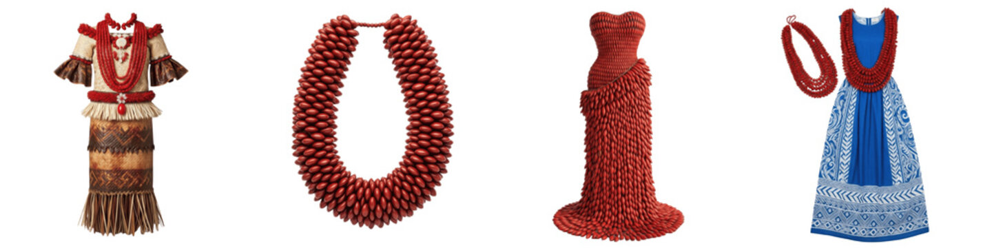 Traditional Samoan Puletasi Fashion, Cultural Polynesian Ceremonial Dress, Red Seed Bead Necklace, Pacific Island Ula Fala, Authentic Tribal Wear, Isolated PNG