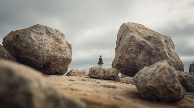 hyperrealistic photograph of small human figure standing among large rocks, soft cloudy sky, balanced neutral tones, humility before nature concept