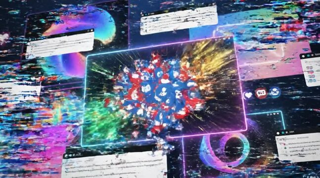 Digital distortion with abstract social media elements and glitch effects a modern visuals presentation and conceptual overlay animation