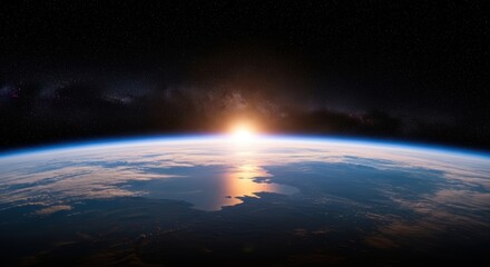 High-resolution image of earth from space showcasing sunrise over ocean with clouds and stars in the background perfectly visible.