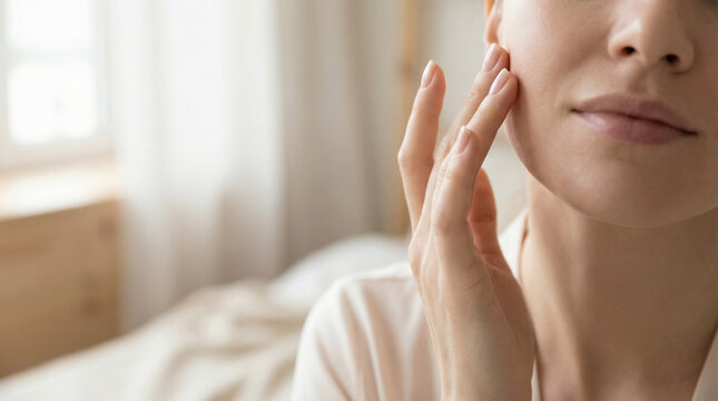 Close-up of a young woman touching her face while sitting in a softly lit bedroom with a blurred bed and window in the background