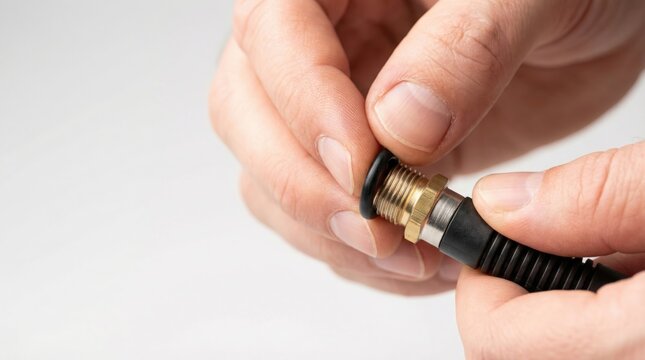 A plumber's hands fitting a black rubber o-ring seal onto a brass-threaded pipe connector, close-up.