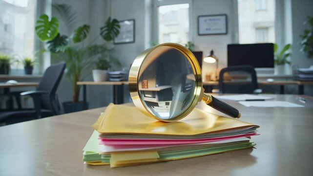 magnifying glass, folders on a table in an empty office
