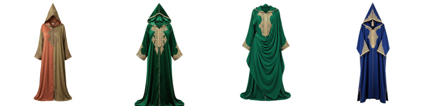 Luxury Velvet Moroccan Caftan, Gold Embroidered Hooded Abaya, Royal Green Takchita Gown, Islamic Evening Wear, Elegant Dubai Jalabiya, Isolated White Background PNG