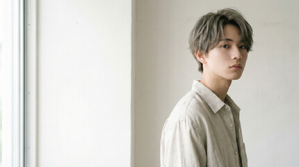 白い壁を背景にアンニュイな表情を浮かべる若い男性 ｜ 自然光