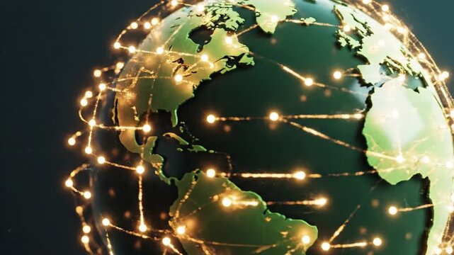 Global network connections around earth with glowing data transfer,communication and technology background displaying north and south america