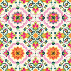 vector seamless repeating rangoli pattern in flat vector style. The design features symmetrical geometric shapes, floral motifs, peacocks, lotus flowers, and traditional oil lamps (divas).