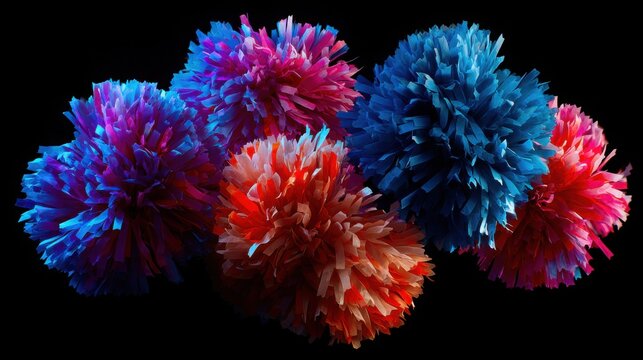 hyperrealistic studio photograph of colorful cheerleading pom poms floating against black background, dramatic lighting, sharp texture detail