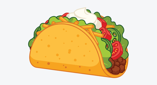 A colorful hard shell taco is generously filled with ground beef, lettuce, tomato, cheese, and sour cream.