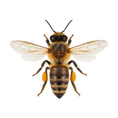 Extreme macro overhead view of a single honeybee with hyper-detailed golden hairs and transparent wings, isolated on a transparent background, concept of scientific precision