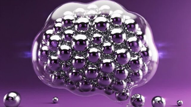 Silver metallic spheres inside transparent bubble on purple background elegant abstract design for science and technology presentations