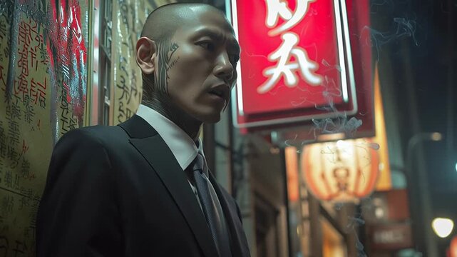 Tattooed man in suit smoking cigarette in neon lit alley at night, inspired by Japanese underworld aesthetic
