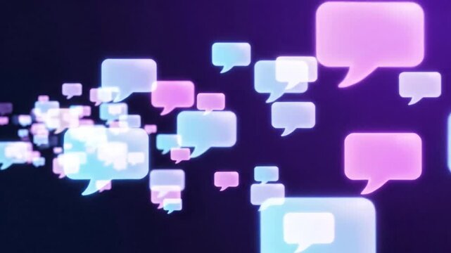 Social media communication speech bubbles motion background with blue and purple gradient colors in a floating and abstract design