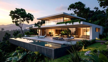 Fototapeta premium A modern house with large windows and a swimming pool