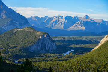 View of the Bow Valley as seen from the top of Sulphur Mountain in Banff National Park, Alberta,...