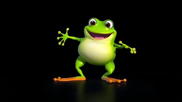 Cute cartoon frog character dancing happily, whimsical amphibian mascot animation 4K