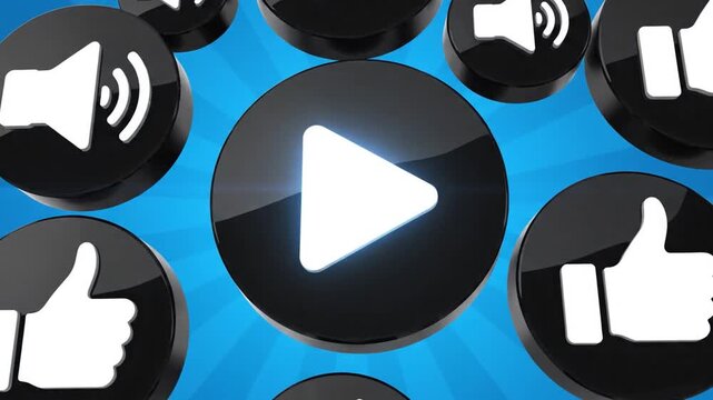 Social media icon animation featuring play button thumbs up and sound indicators on a vibrant blue background