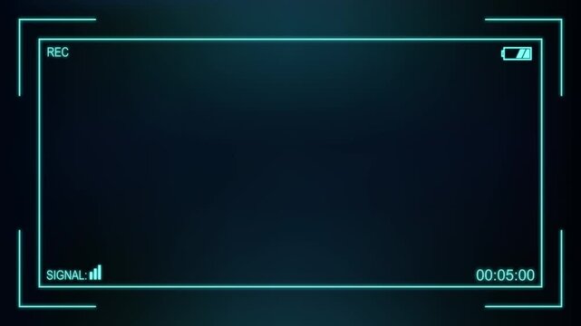 Camera recording overlay interface displaying no signal error message, battery icon and timer on dark blue digital background.
