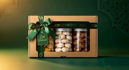 Luxury Eid Mubarak cookie gift box featuring assorted traditional cookies in clear jars, premium kraft packaging with elegant green ribbon and Islamic decorative elements. Ideal for Ramadan Kareem .