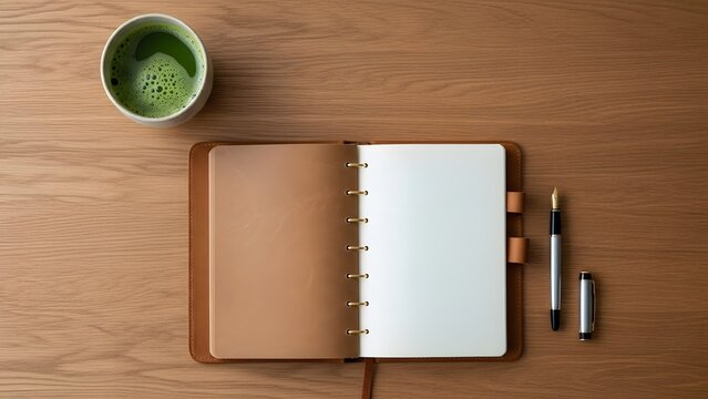 Top View of Open Ring Binder Planner with Matcha Latte on Wooden Desk