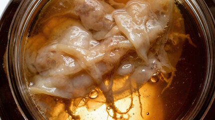 Layered translucent kombucha SCOBY floating in amber fermented tea