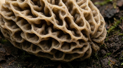 Extreme macro of wild morel mushroom showing intricate honeycomb texture