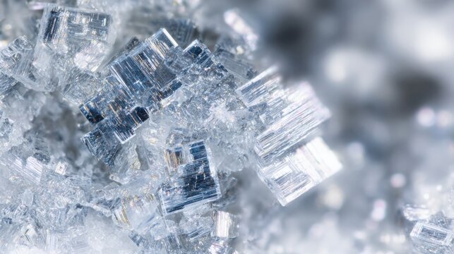 microscopic texture of salt crystals, transparent geometric structure, sparkling highlights, extreme close up, high detail, minimal studio background