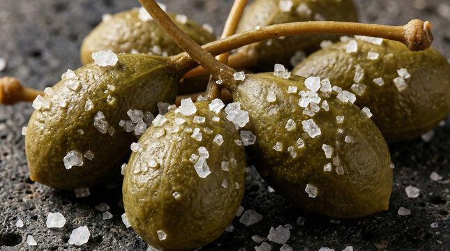 Wrinkled green caper berries heavily encrusted in coarse sea salt