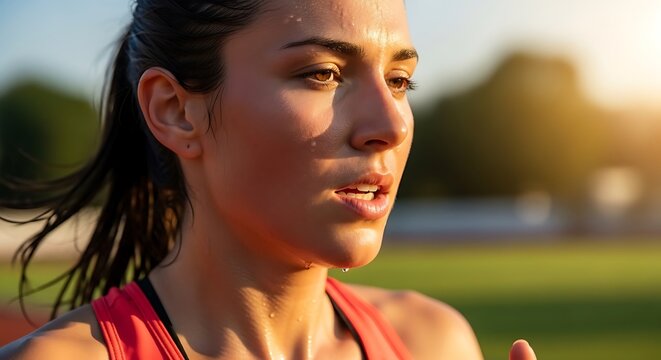 Close-up of a sweaty female runner's face during intense outdoor training session