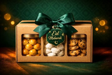 Luxury Eid Mubarak cookie gift box featuring assorted traditional cookies in clear jars, premium kraft packaging with elegant green ribbon and Islamic decorative elements. Ideal for Ramadan Kareem .