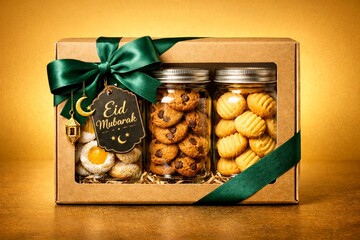 Luxury Eid Mubarak cookie gift box featuring assorted traditional cookies in clear jars, premium kraft packaging with elegant green ribbon and Islamic decorative elements. Ideal for Ramadan Kareem .