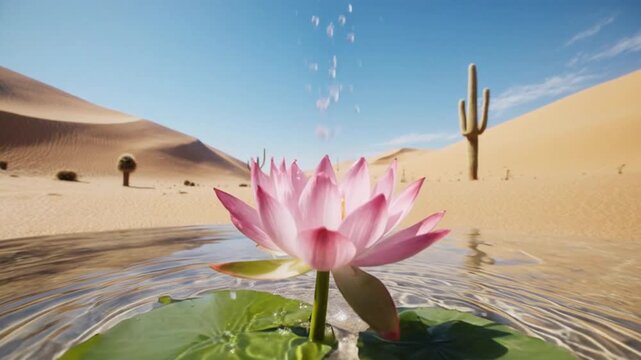 A serene desert oasis featuring a pink lotus flower floating on a green lily pad in a small pool of water surrounded by sand dunes and a cactus under a clear blue sky