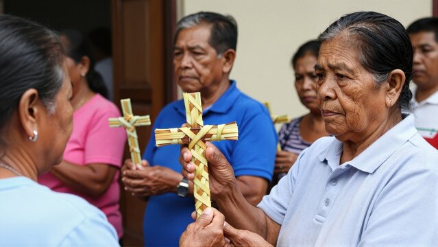 Two elderly Filipina parishioners distribute dried, intricately woven palm crosses to the congregation entering the church for Palm Sunday service.