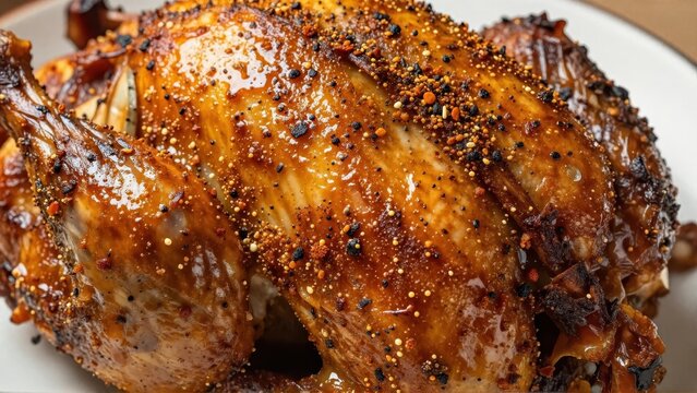 Extreme macro focus on the crispy, dark brown skin of a whole roasted chicken, visible coarse texture of niter kibbeh glaze and scattered spices, shallow