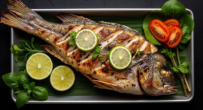 Whole grilled fish with lime slices and fresh herbs served on a platter