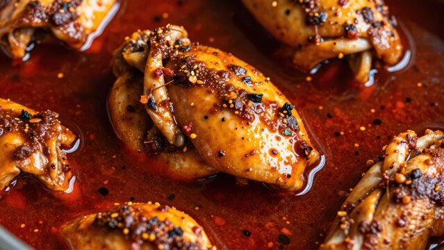 Extreme closeup, hyperdetailed texture study of slow-cooked chicken immersed in a thick, dark red berbere sauce, showing oil sheen and spice granulation,