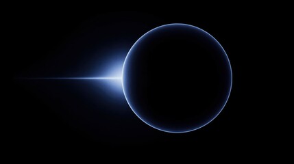 A glowing blue sphere in space with a bright light emanating from behind it against a black background with a beam of light
