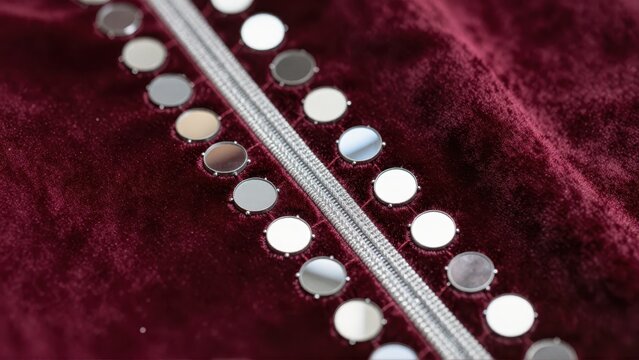 Extreme closeup of deep burgundy velvet fabric heavily embroidered with shimmering silver thread and intricate mirror work, showcasing rich texture and